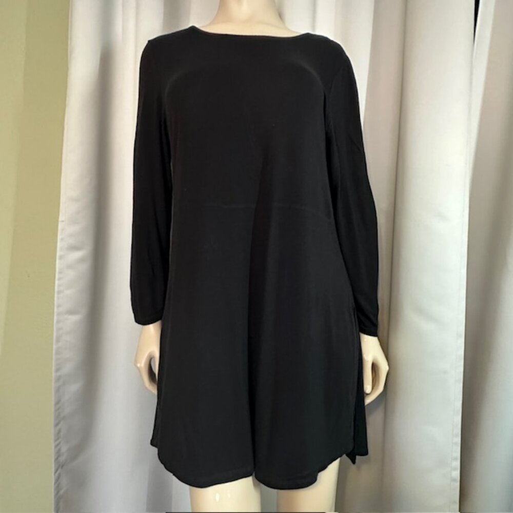 Joan Vass Women's Black Scoop Stretch Comfy Lagenlook Blouse Size L